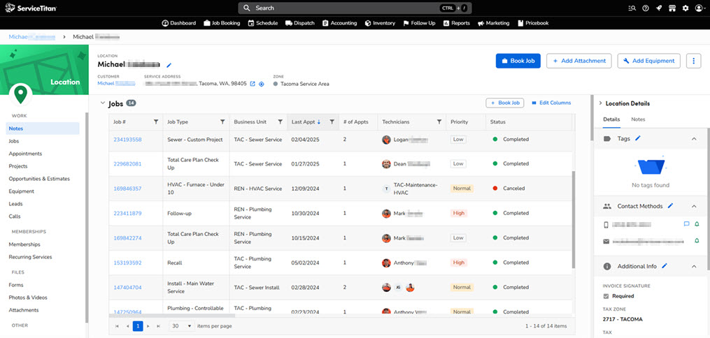 Digital documentation and project tracking through Harts customer profile system ServiceTitan.