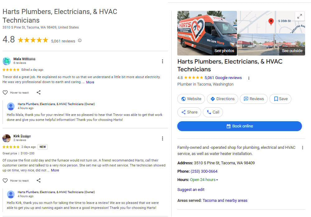 Harts Plumbers, Electricians, & HVAC Technicians Google Business Profile in Tacoma, WA with a 4.8 star rating and 5,061 Google reviews showing two current customer reviews that are both rated 5 stars.
