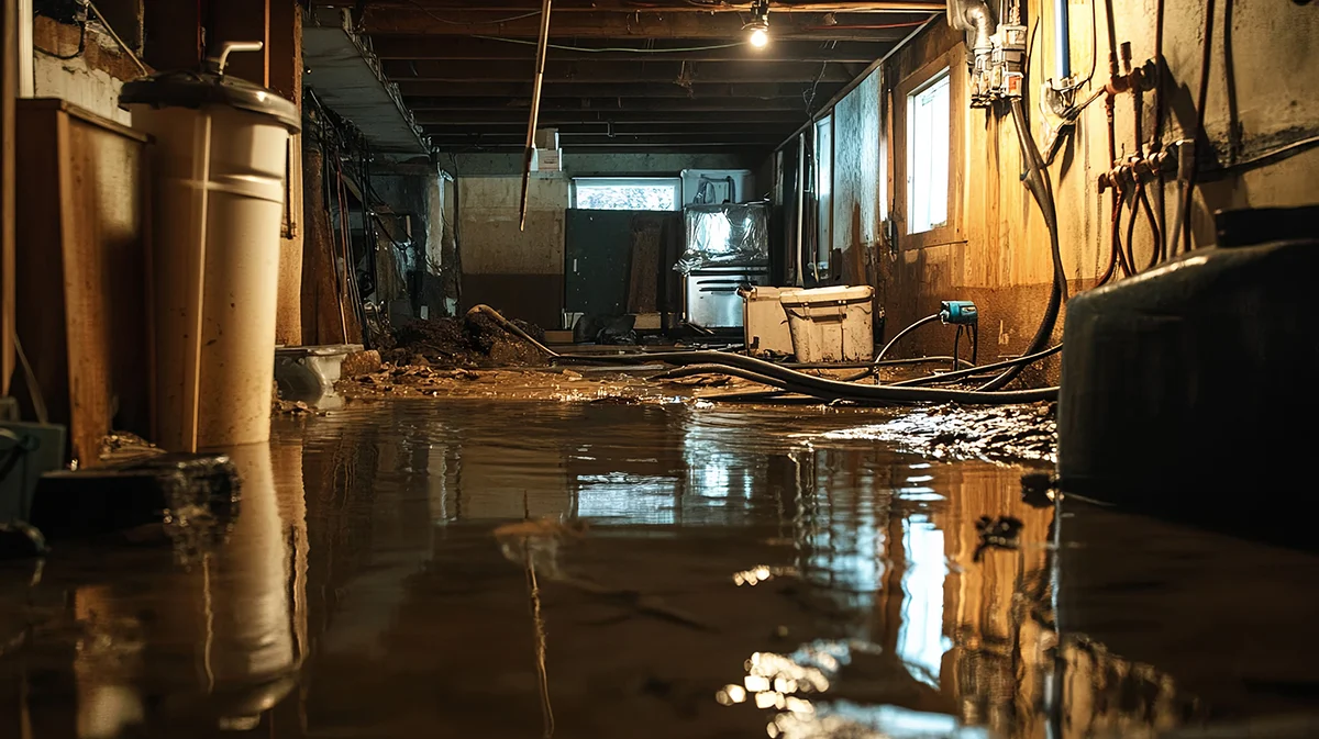 Flooded basement caused by a burst frozen pipe during winter.