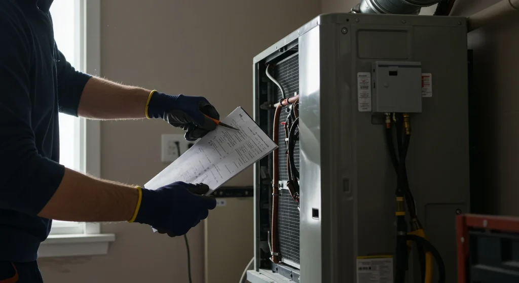 HVAC Technician furnace inspection checklist during winter maintenance.