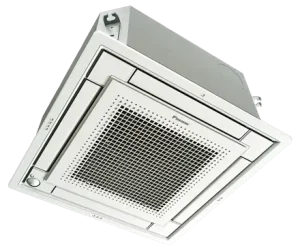 Daikin ceiling cassette mini split system installed in ceiling for ductless heating and cooling