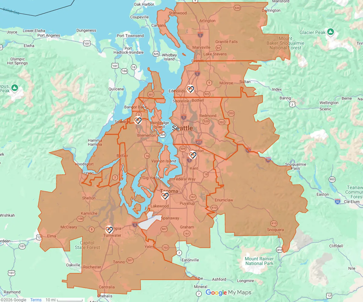 Harts service area map covering communities across Pierce, King, Thurston, Snohomish, and Kitsap counties.
