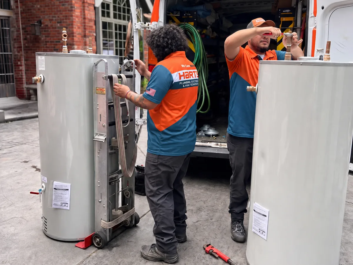 Two Harts plumbers beside a service van prepping traditional water heaters during a water heater replacement and installation service
