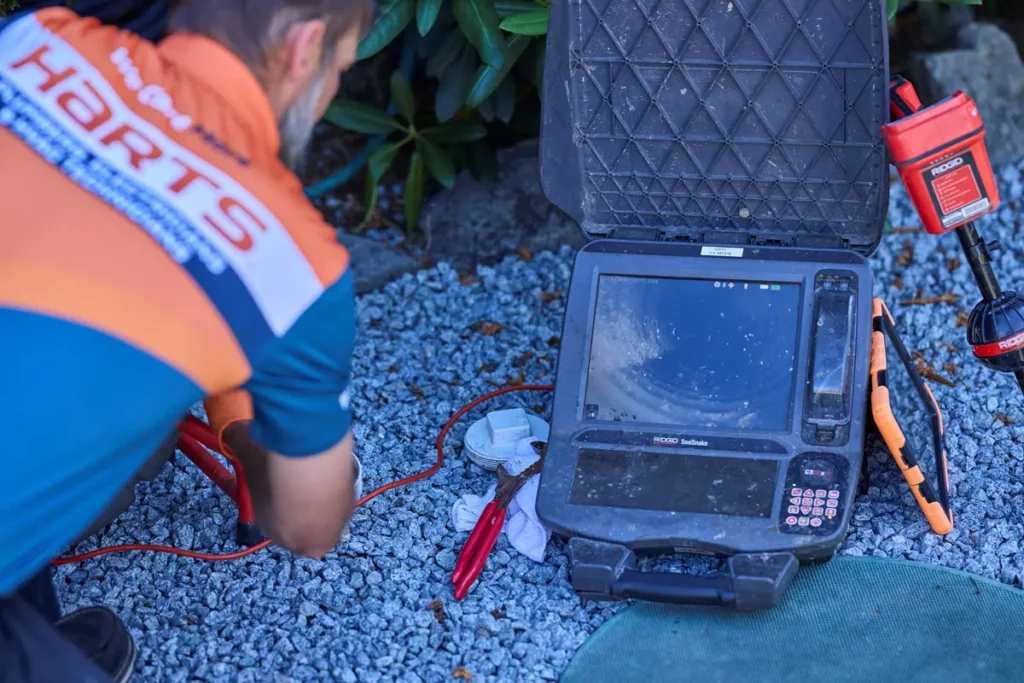 Harts technician using sewer camera inspection and locating equipment