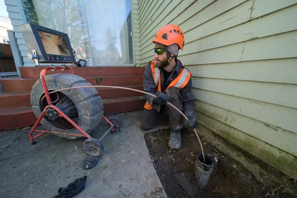 Harts technician feeding a sewer camera through a residential sewer line
